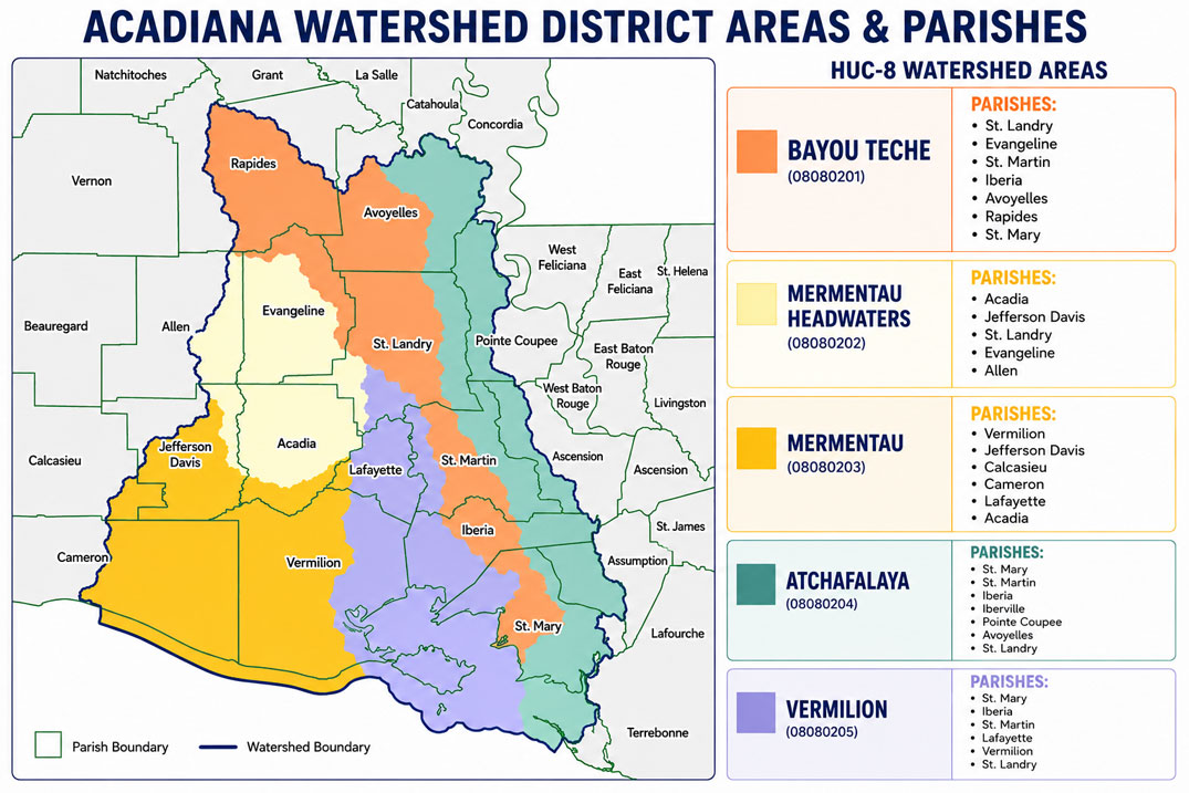 Map showing five Acadiana Watershed District watershed areas and their associated parishes.